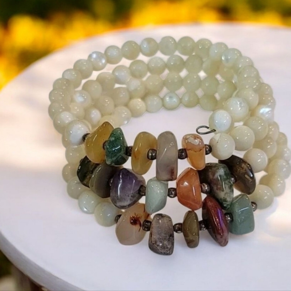 Multi Semi Precious Stone Nugget & MOP Beaded Memory Wire Bracelet